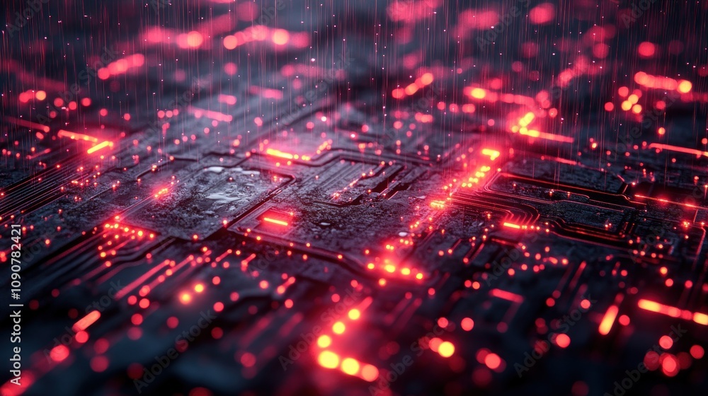 Poster abstract representation of a circuit board with glowing elements.