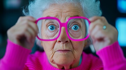 Woman in a pink sweater is wearing pink glasses and looking at the camera. Concept of humor and playfulness, as the woman's glasses are not a typical accessory for her age