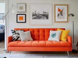 Orange Sofa With Pillows And Artwork On Walls