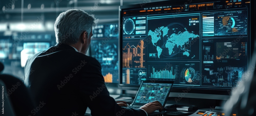 Poster business executive analyzing data in a high-tech control room with digital screens displaying global