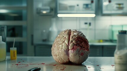 Close-Up of Human Brain Model with Evident Damage - Symbolizing Brain Injury, Set in a Medical Laboratory with a Blurred, Soft-Focused Background
