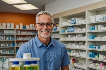 Fototapeta premium Knowledgeable chemist in a clean pharmacy aisle, representing confidence, reliability, and exceptional customer care in the healthcare and wellness space.