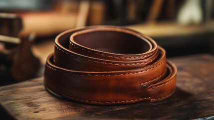 A leather belt rolled up neatly, with its supple texture and high-quality finish highlighted by soft lighting