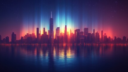 Vibrant city skyline illuminated by colorful lights at dusk.