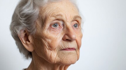 Portrait of Elderly Woman with Thoughtful Expression Against Neutral Background