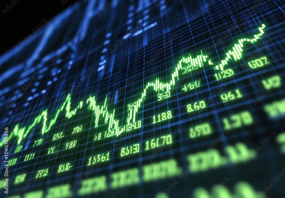 Poster dynamic financial chart with green trends showcasing stock market performance with a high-tech backg