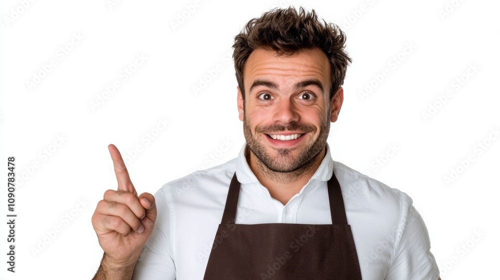 Poster man with a pointy finger is smiling and pointing to the camera. he is wearing an apron and a white s