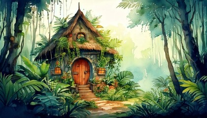 Fototapeta premium watercolor of a mysterious old house in the jungle with copy space