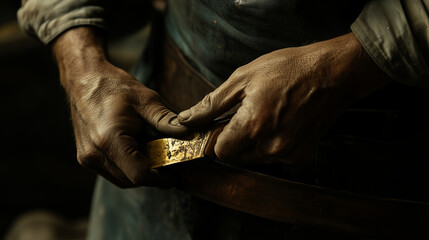 Obraz premium A leather workerÃÂÃÂÃÂÃÂ¢ÃÂÃÂÃÂÃÂÃÂÃÂÃÂÃÂs hands burnishing the edge of a belt using a wooden tool, creating a smooth and polished finish