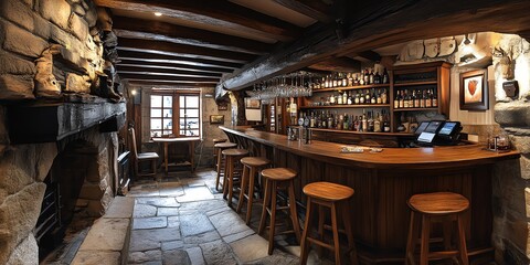 Rustic wooden bar interior with stone fireplace and wooden stools.