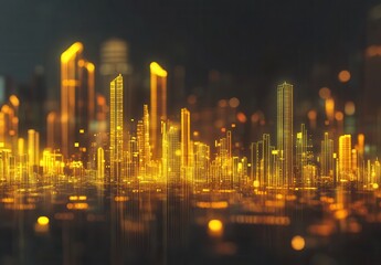 Obraz premium Futuristic city skyline with glowing skyscrapers and digital elements representing advanced technology and urban development at night in a vibrant atmosphere
