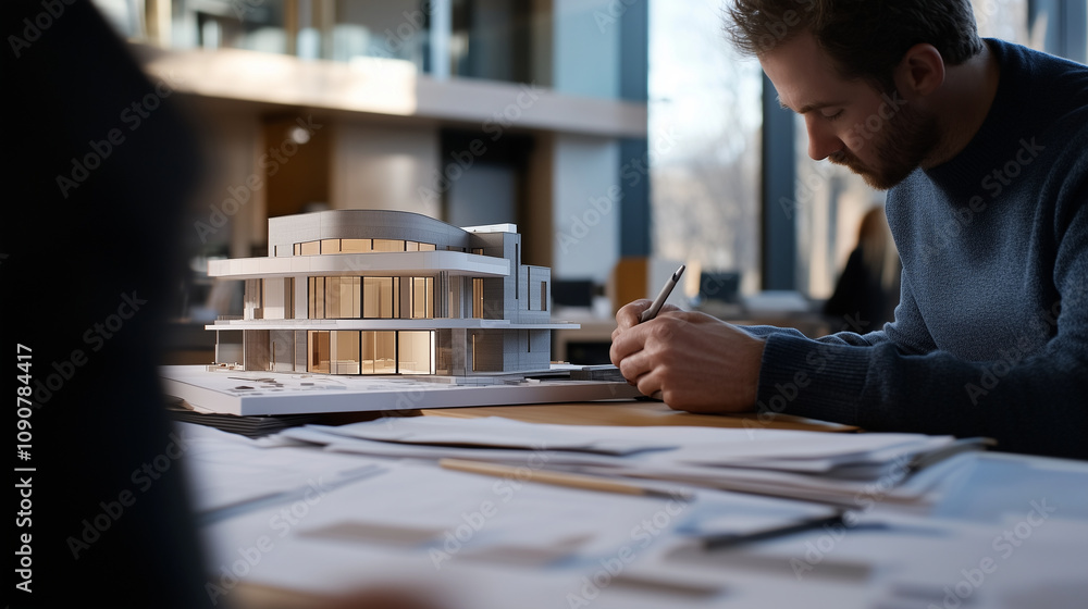 Poster an architect reviews a physical model of a home alongside a printed blueprint, calculating construct
