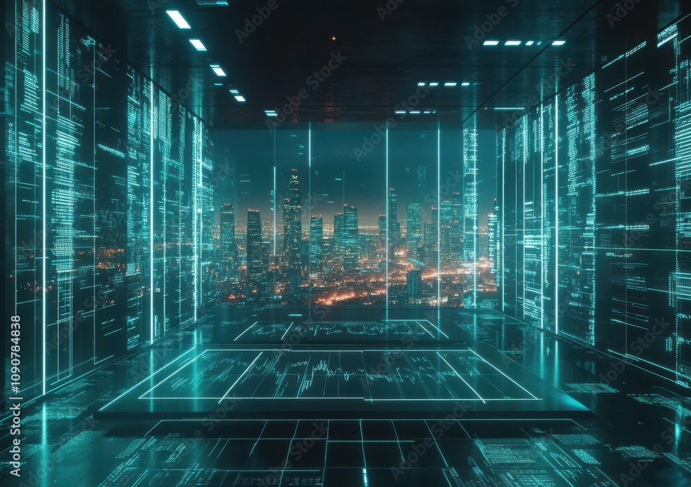 Poster futuristic digital workspace with city view at night featuring neon light effects and high-tech elem