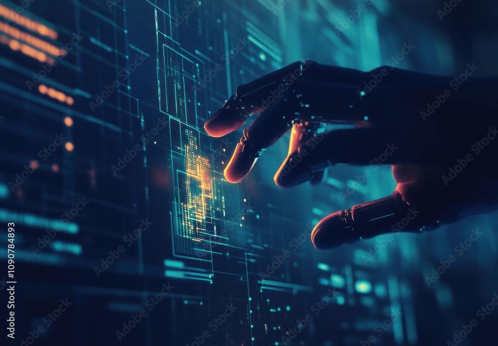 Poster futuristic hand reaching for digital interface with glowing data points and lines representing techn
