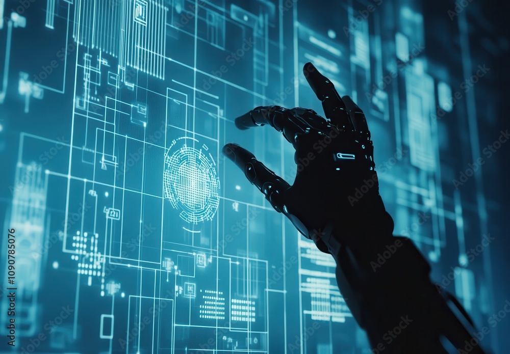 Poster futuristic robot hand reaching out towards digital interface and abstract data visualization in high