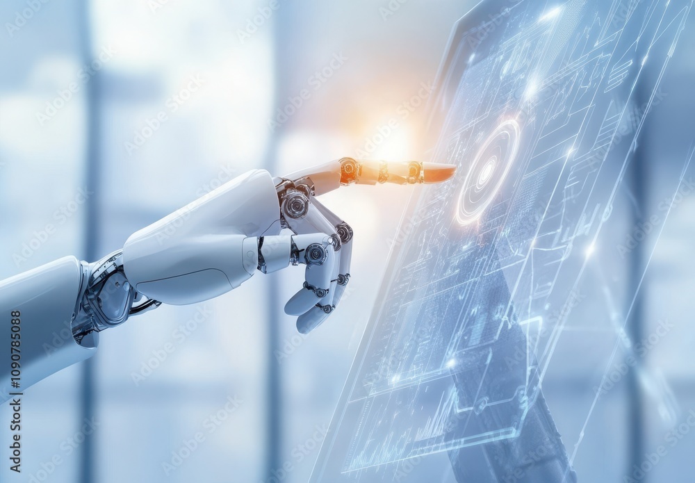 Poster futuristic robot hand interacting with transparent digital interface in a modern technology environm