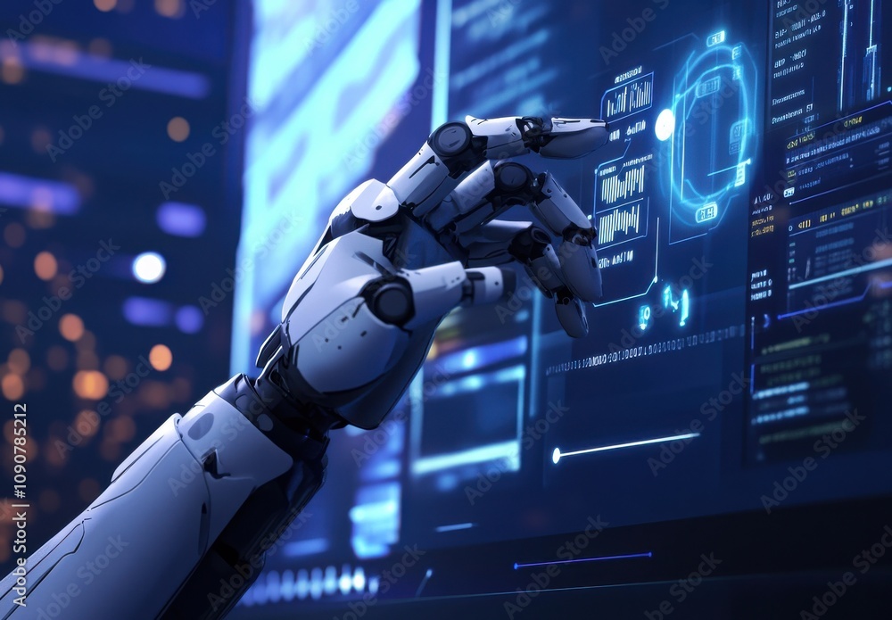Poster futuristic robotic hand interacting with digital interface showcasing advanced technology and artifi