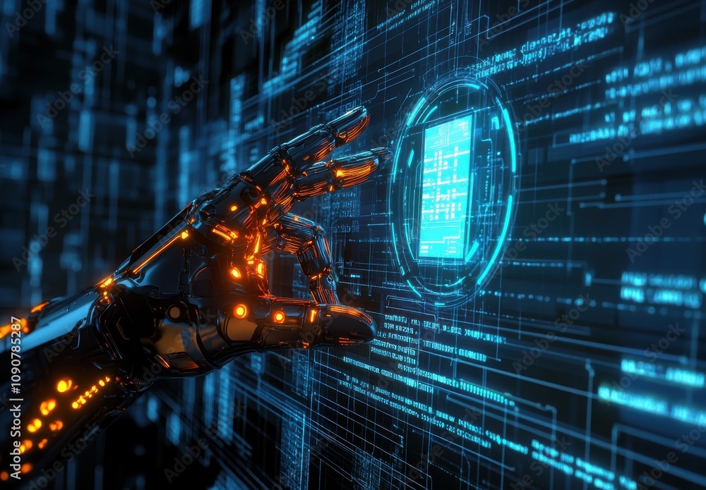 Aufkleber futuristic robotic hand interacting with digital interface surrounded by glowing data streams and te