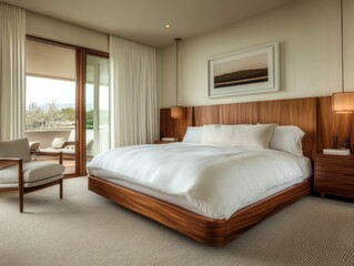Fototapeta premium Modern Bedroom With Wooden Bed And Balcony View
