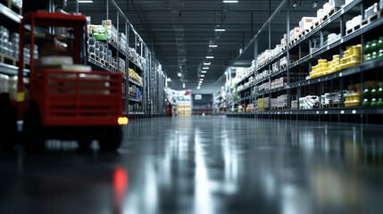 Fototapeta premium Brightly lit grocery warehouse with an organized layout; a pallet truck loaded with goods sits in the aisle, perfect for showcasing trade visuals and text.