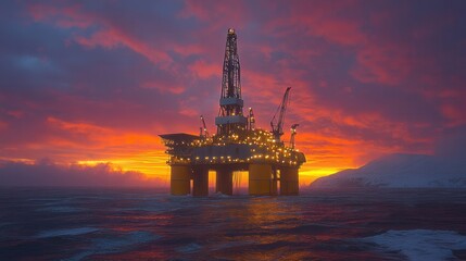 Obraz premium Offshore oil rig under a dramatic sunset sky with vibrant colors reflecting on the ocean surface, showcasing the energy industry and marine exploration.