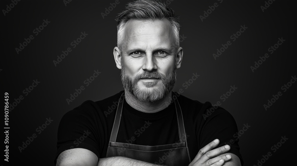 Poster man with a beard and mustache is standing in front of a black background. he is wearing a black shir