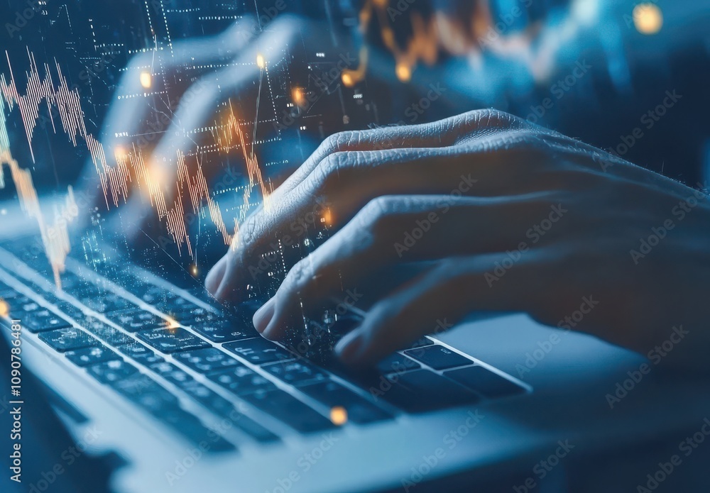 Aufkleber hands typing on a laptop with digital financial data and graphs overlay representing technology, inn