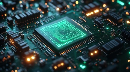 Fototapeta premium Close-up of a circuit board with a glowing microchip.
