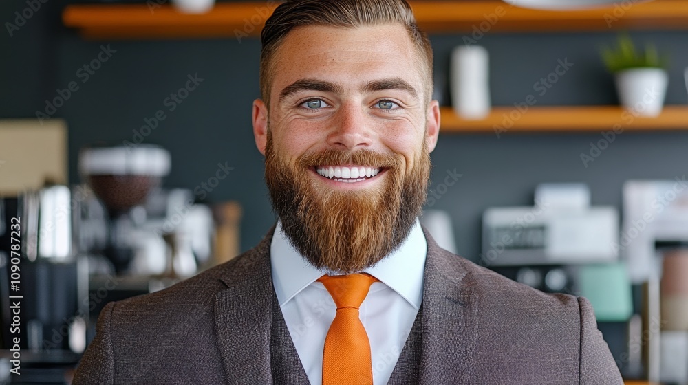 Poster man with a beard and a tie is smiling for the camera. he is wearing a suit and tie and is standing i