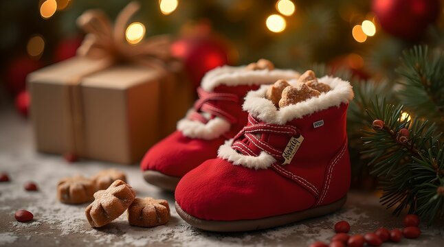 Saint Nicholas Day, Red baby shoes filled with sweets and treats to celebrate Saint Nicholas Day under the Christmas tree, Saint Nicholas holiday card