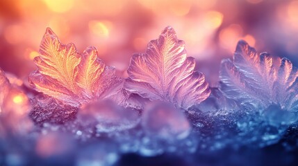 Close-up of frost-covered leaves with warm, glowing background.