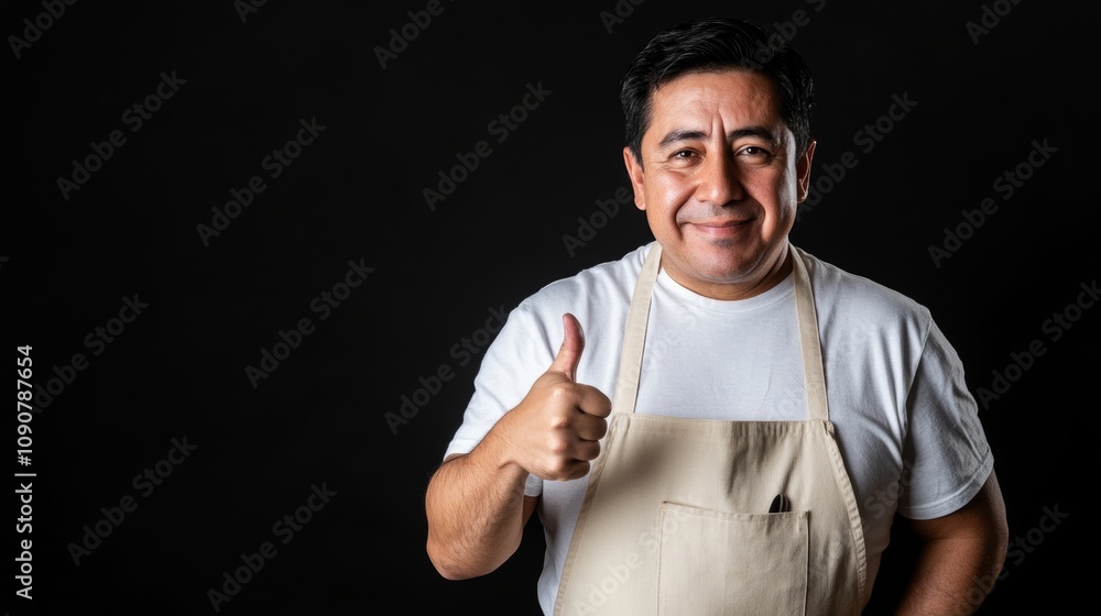 Poster man with a white apron and a thumbs up gesture. he is smiling and he is happy