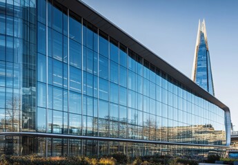 Fototapeta premium Modern Glass Building with Reflection of Skyline Featuring Iconic Tower Against Clear Blue Sky in Urban Setting