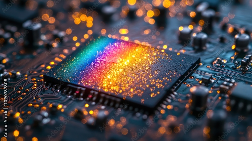 Poster colorful microchip on a circuit board with glowing elements.