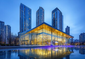 Obraz premium Modern Urban Architecture at Dusk with Gleaming Glass Facade and Reflective Water Feature Surrounded by Skyscrapers in a Bustling City Landscape