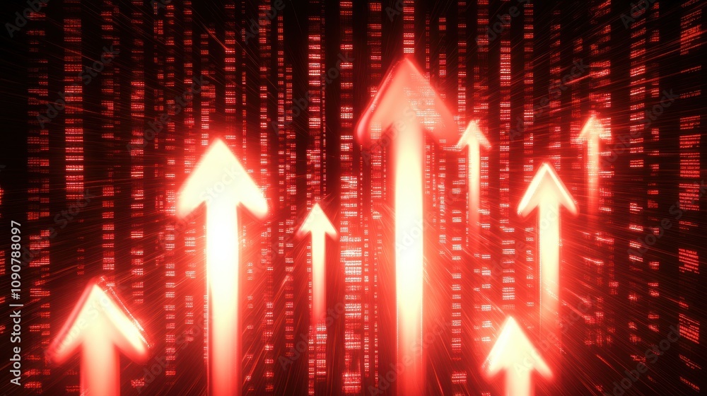 Poster red arrows rising in a digital background representing growth and progress in technology, business, 