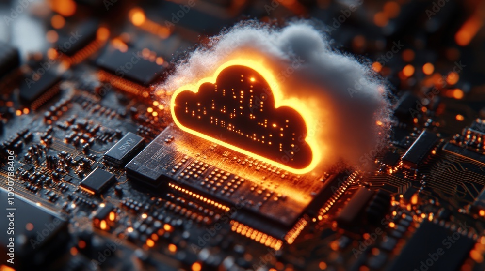 Aufkleber a glowing cloud symbol over a circuit board, representing cloud computing.