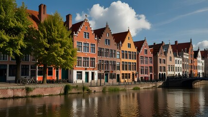 row of colorful houses in the bruges canals. low countries, netherlands, amsterdam, colorful houses, bright colors