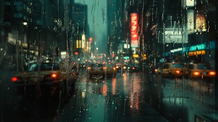 Fototapeta premium Rainy Night Cityscape Through a Wet Window