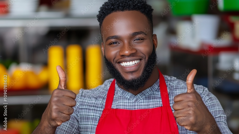 Poster man with a beard and a red apron is giving thumbs up. he is smiling and he is happy