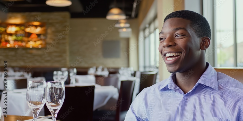 Poster man is smiling and sitting at a table with two wine glasses. scene is happy and relaxed