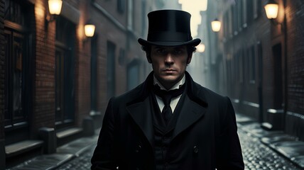 Silhouette of a Mysterious man wearing a black coat and top hat walking down city alley street alone. Private detective style. Cinematic historical thriller 19th or 18th century man.