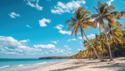 Fototapeta premium Serene Tropical Beach with Palm Trees Under a Bright Blue Sky and Fluffy White Clouds: A Perfect Summer Escape for Relaxation and Adventure