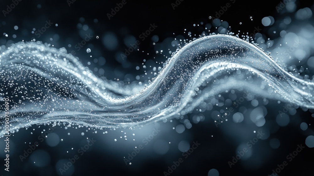 Poster abstract representation of flowing water with bubbles and light.