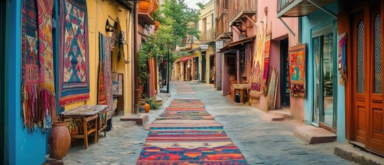 Naklejka premium Colorful rugs line a narrow, historic street.