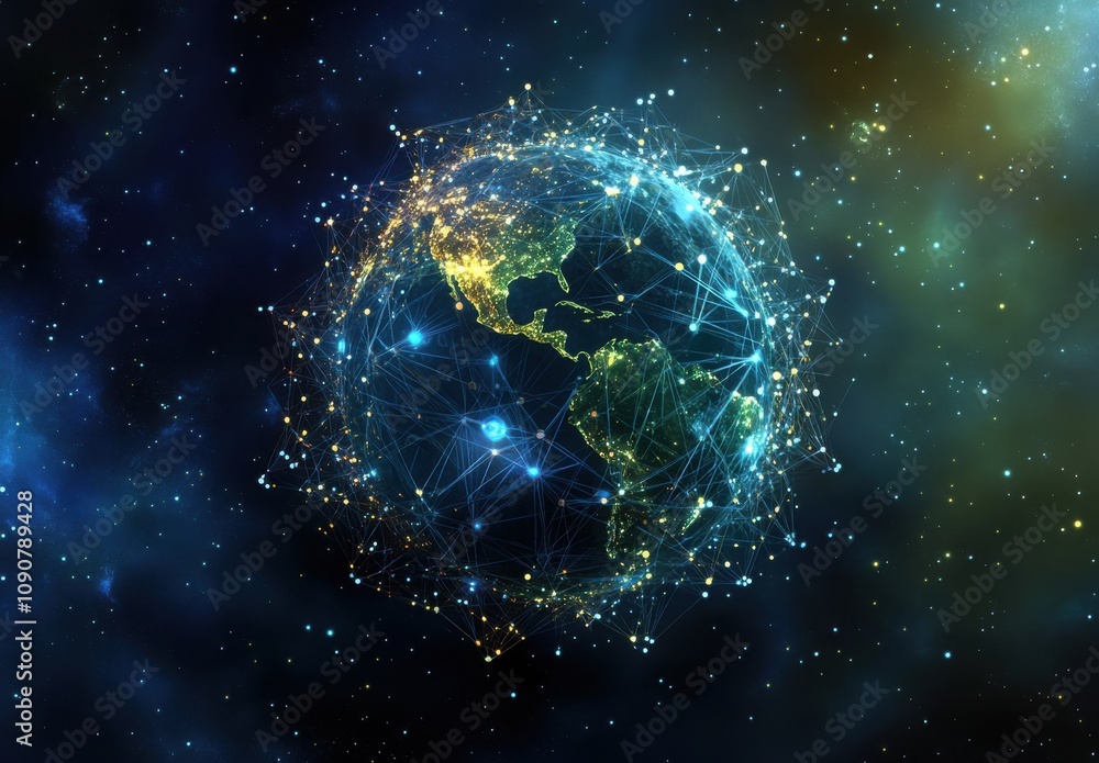 Poster stunning representation of a connected globe over a starry background showcasing data networks and g