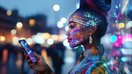 Dynamic Woman Engages with Mobile Technology in Urban Night Scene with Vibrant Digital Face Art
