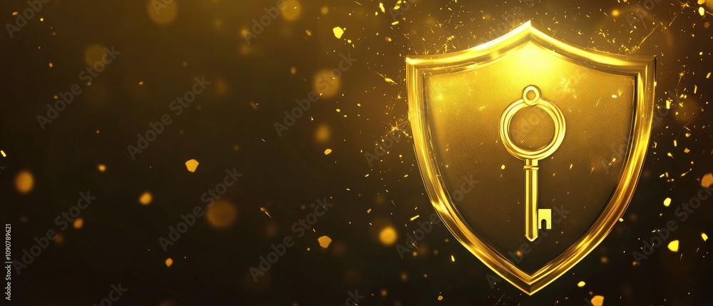 Poster golden key inside a shield; security concept.