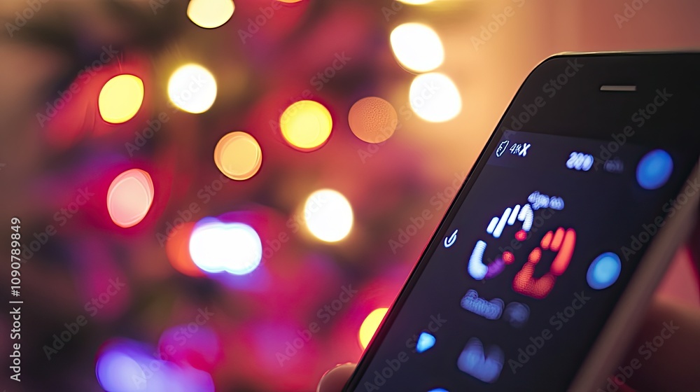 Poster smartphone displaying smart home thermostat control with christmas lights bokeh background.