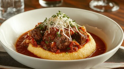 Savory Meat Dish Served Over Soft Polenta With Rich Tomato Sauce and Garnished With Shredded Cheese and Fresh Herbs on Elegant Wooden Table